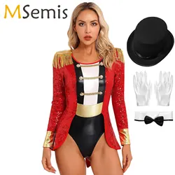 Womens Circus Ringmaster Outfit Halloween Cosplay Masquerade Costumes Bodysuit Fringe Epaulette Collar Bow Hat Sequin Jumpsuit