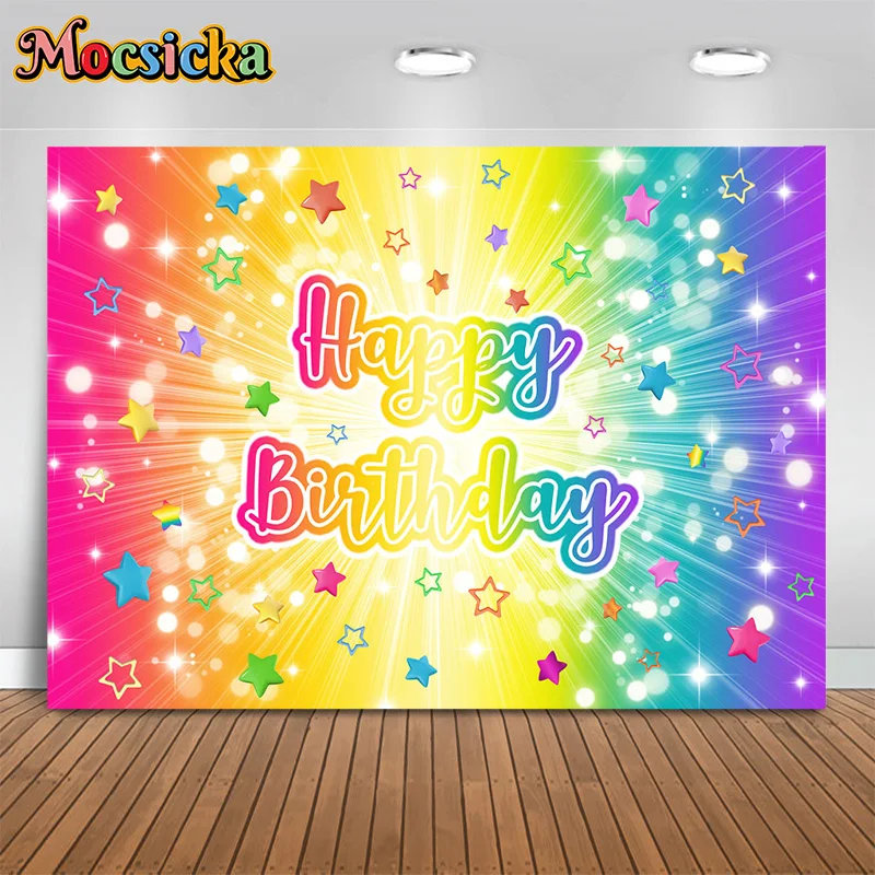 

Mocsicka Happy Birthday Photography Backdrops Rainbow Glitter Decor Backgrounds Party Baby Showers Cake Smash Banner Studio