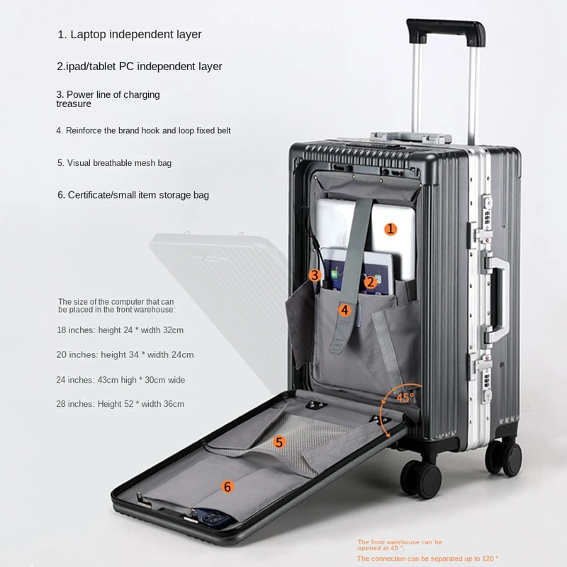 Reiskoffer Open Cover Laptop Instap Case 20 "24 Inch Pc Aluminium Frame Trolley Case Universeel Wiel Rollende Bagage