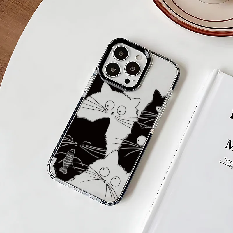 เคสโทรศัพท์แบบใสกันกระแทกลายฝูงแมวสีขาวดำสำหรับ iPhone15Pro 14 13มินิ12 11 XR 78 14PLUS SE3 xsmax เคสนิ่ม