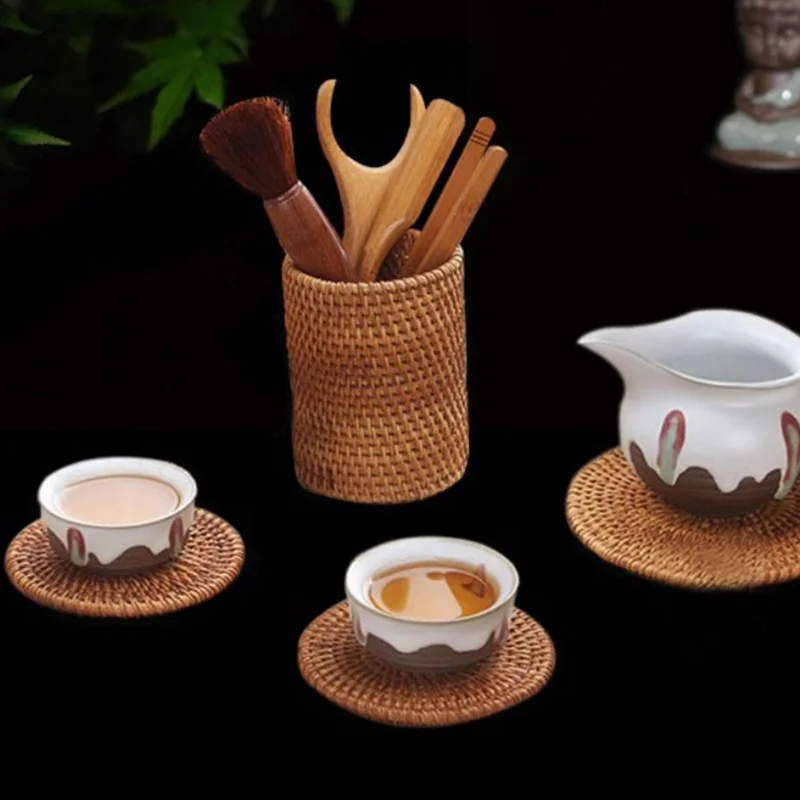 Caixa de armazenamento de rattan artesanal caneta cosmética titular acessórios de cerimônia de chá utensílios de mesa decoração de armazenamento