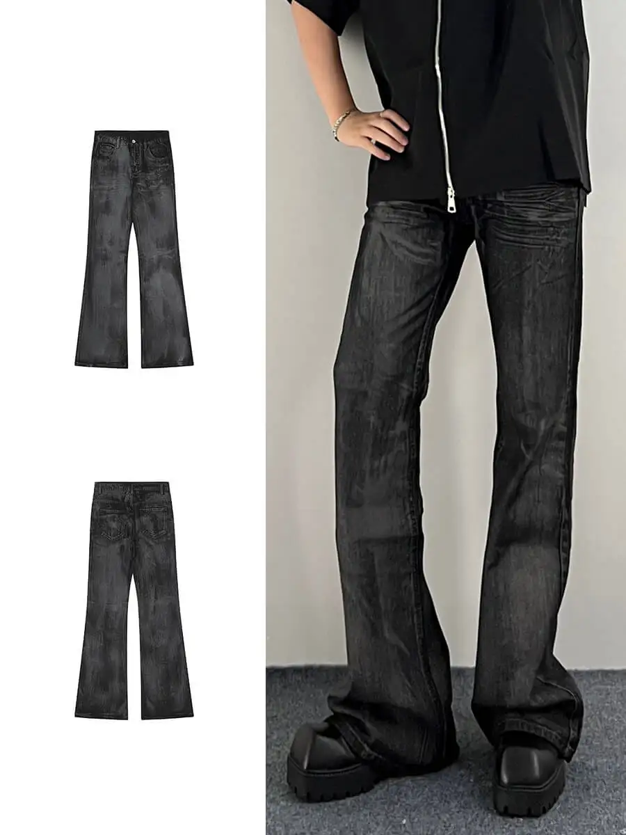 

New 2023 Men Women Straight Leg Slim Fit Bla Glossy Waed Jeans American Sle Floor Length Micro Flared Trousers
