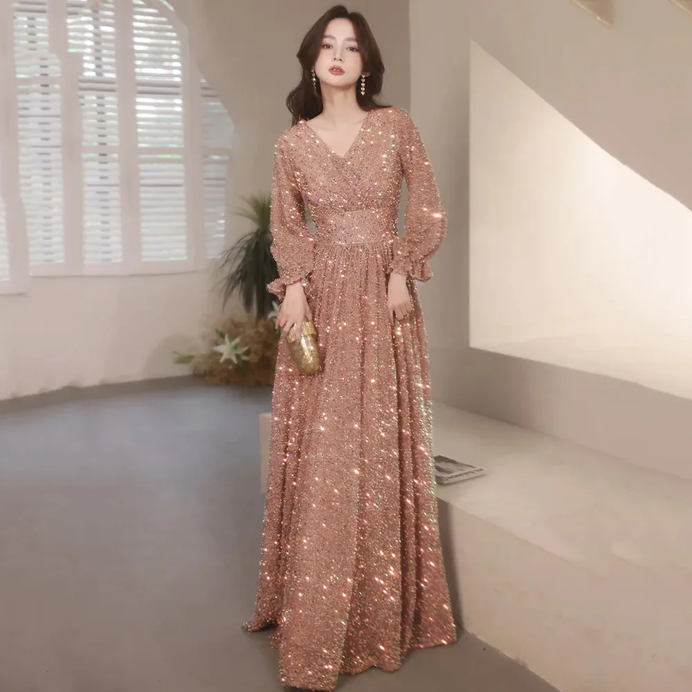 

WEIYIN Long Sleeve Evening Dresses Elegant V-Neck A-Line Sparkly Sequin Women Formal Gowns For Engagement Part Dress