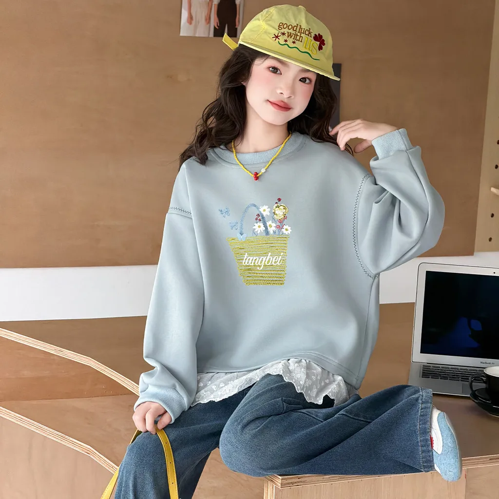Girls Sweatshirt Autumn Flower Lace Hem Children Pullover Tops