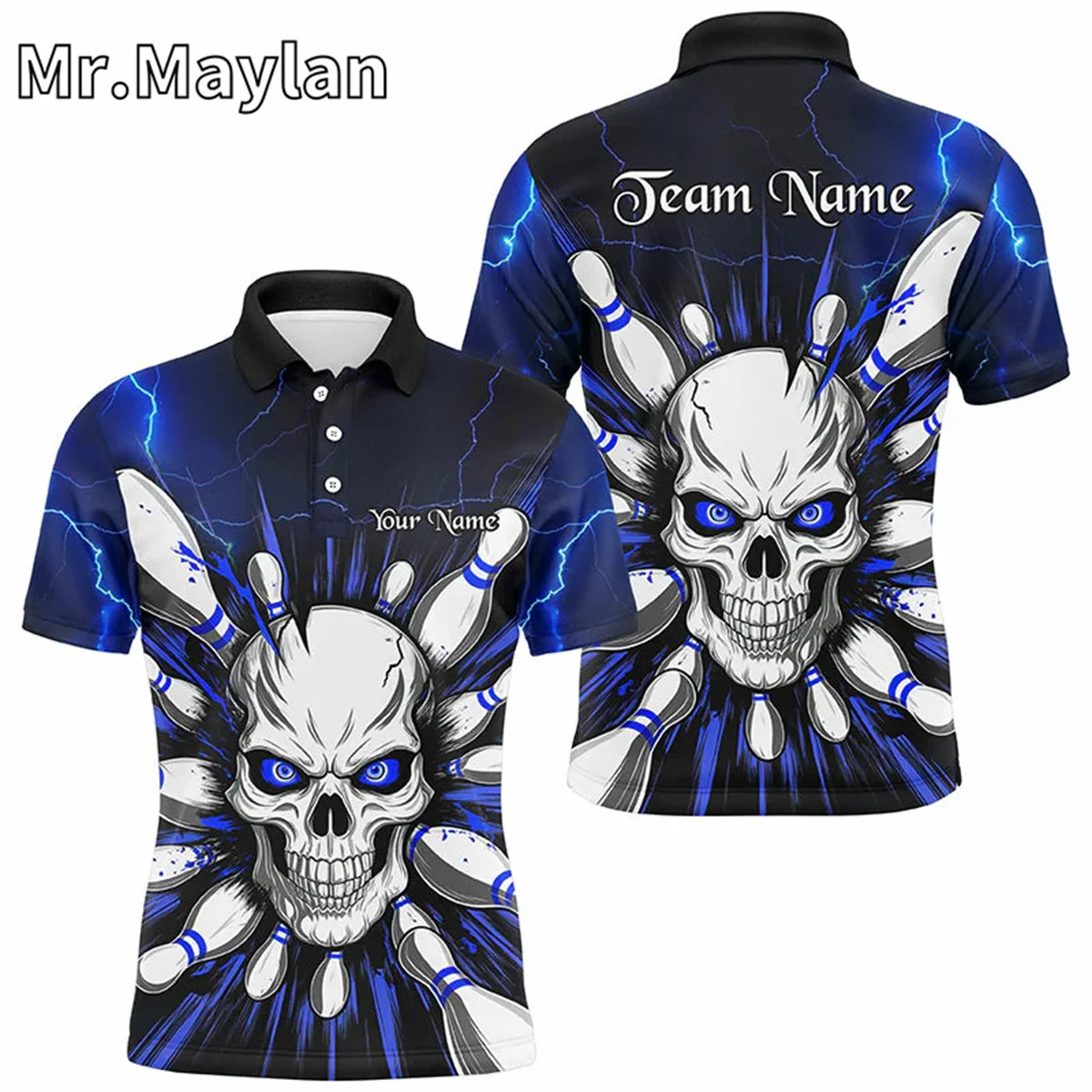 3D Custom Name Purple Short Sleeve Skull Bowling Polo Shirts For Men Halloween Bowling Team Jersey Gift for Bowling Lovers Tops