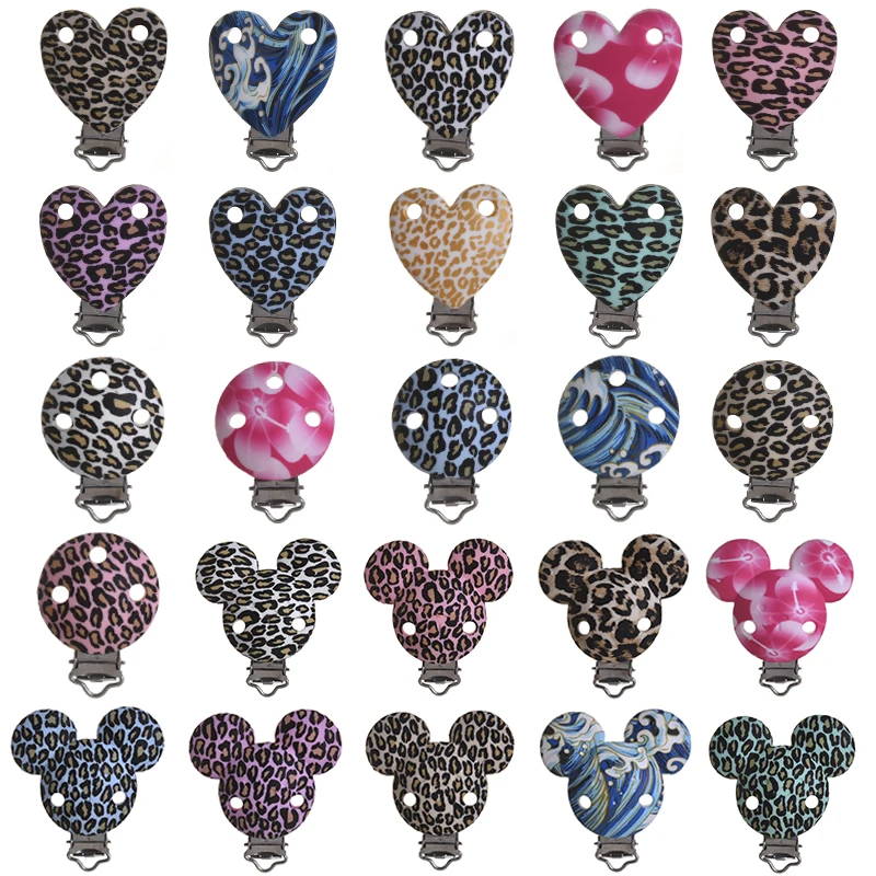 1Pc Silicone Clips Leopard Print Heart Round Mouse Shaped Dummy Holder Pacifier Clips for DIY Pacifier Chain Jewelry Making