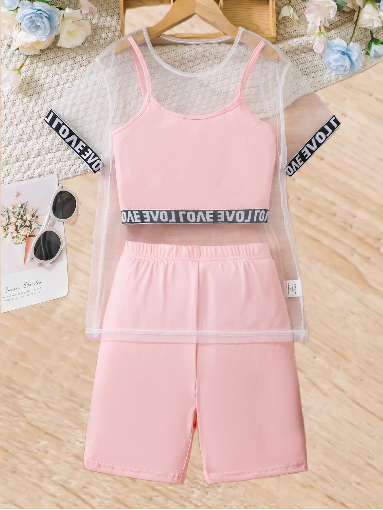 Summer girls net gauze three-piece set sexy pure wind halter cool comfort sports smock net gauze elastic waist shorts set