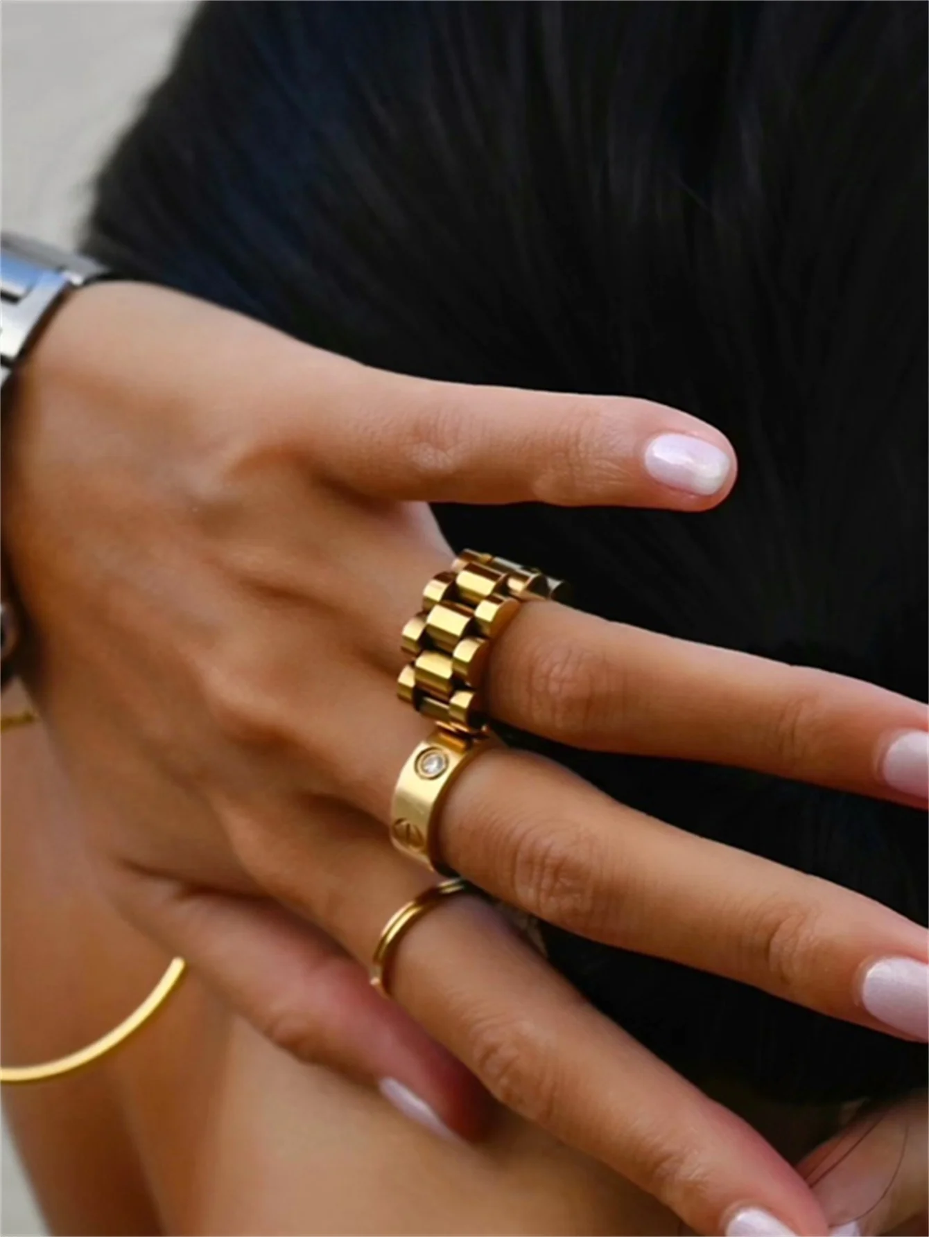 Peri\'sbox Solid Gold Pvd Plated Bold Wide Thick Ring for Women Chunky Link Chain Stainless Steel Strap Finger Rings Jewelry