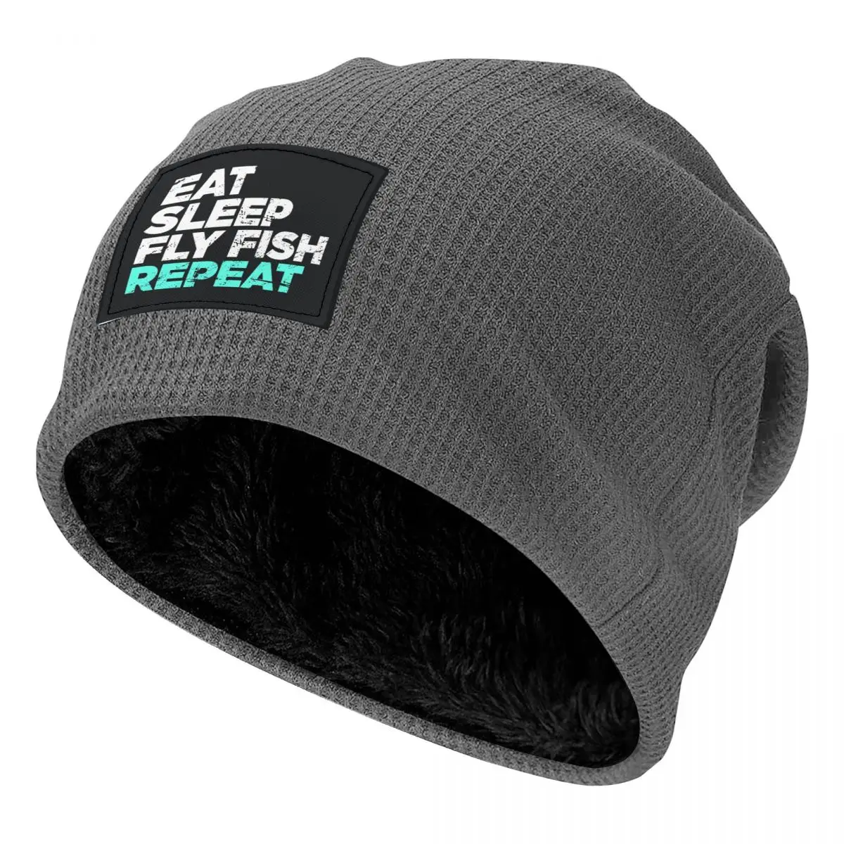 Eat Sleep Fly Fish Fly Fishing Graphic Waffle Knit Fleece Lined Beanie with PU Leather Patch Unisex Warm Winter Soft Cap