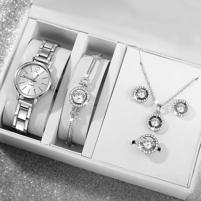 6PCS Set Women Fashion Watches Ring Necklace Earrings Rhinestone Luxury Casual Quartz Wrist Watch Elegant Dress Female Clock