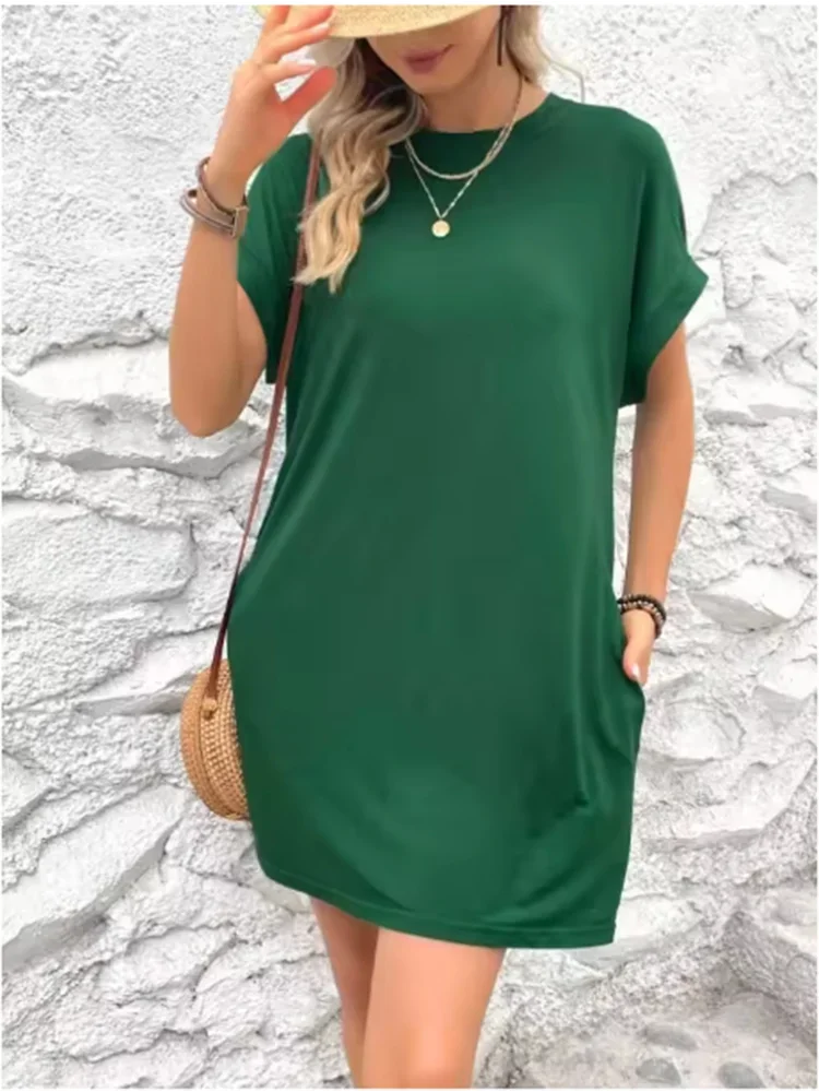 Fashion Pure Colors Dress Women's Pocket T-shirt Style Mini Dresses Summer Casual Loose Dress Vestidos