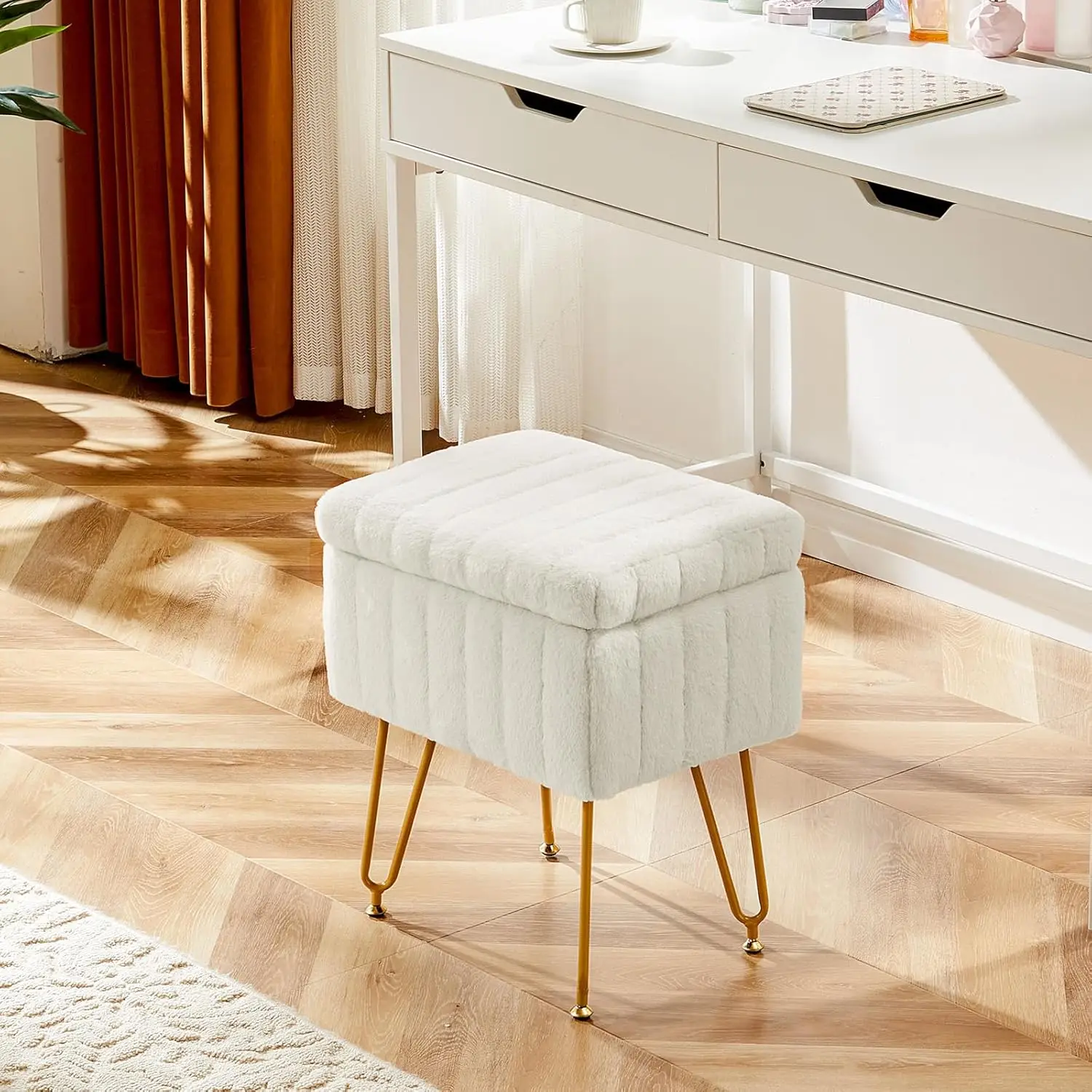 White Storage Vanity Stool, Faux-Fur Soft Padded Ottoman, 4 Metal Legs with Anti-Slip Adjustable Feet, Modern Cute Footrest for Entryways & Bedrooms view 2