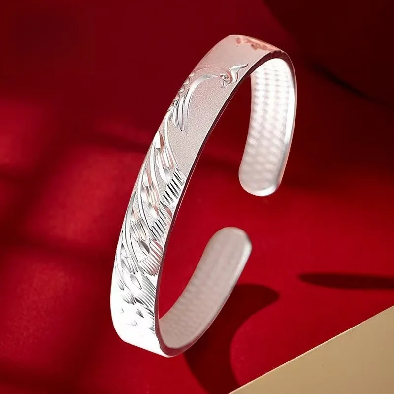 Auspicious Phoenix 999 Sterling Silver Open Bangle Hammer Texture Inner Side Ladies Daily Wear Bracelet