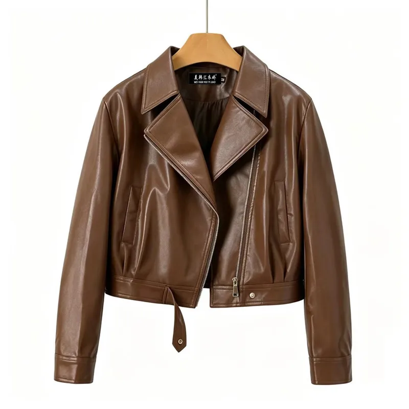 2026 Fashion High-waisted Super-short Leather Jacket Women's Moto&biker Coat Spring Autumn Zipper-up Outerwear Slim Casual Coats