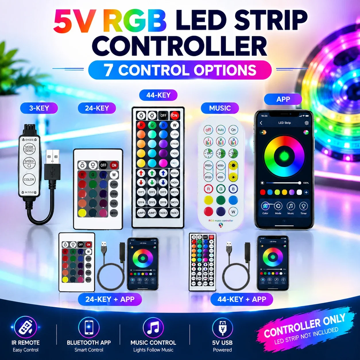 5V LED Strip Controller USB Bluetooth with IR Remote 24/44 Keys Dimmer for 5050 2835 RGB Strip Light TV Backlight