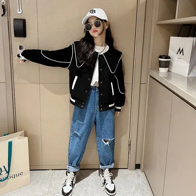 

Весна-Осень 202, модная бейсбольная куртка с темно-синим воротником для девочек, уличное пальто для больших детей