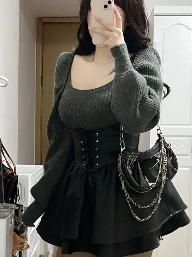 2024 neue hohe Taille Leder schwarz Mini kleid lässig Strick pullover elegante Clohting Frau koreanische Mode Anzug Design Chic