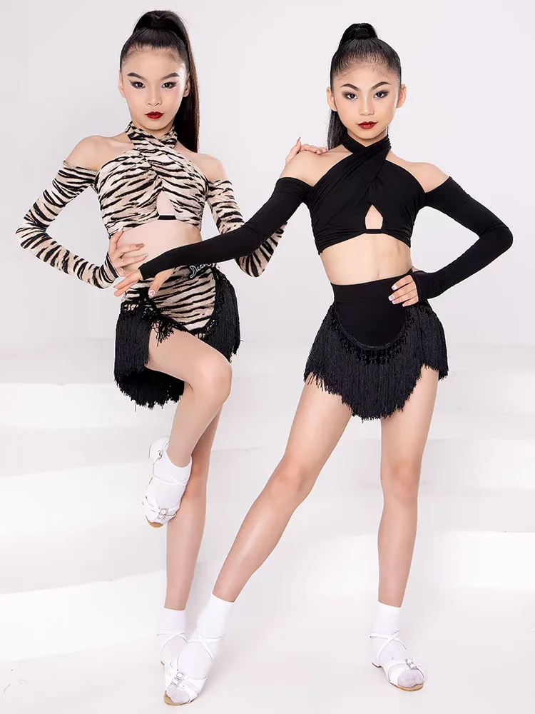 

New Girls Latin Dance Dress Set Long Sleeves Leopard Black Fringe Dress Cha Cha Samba Dance Training Performance Clothes