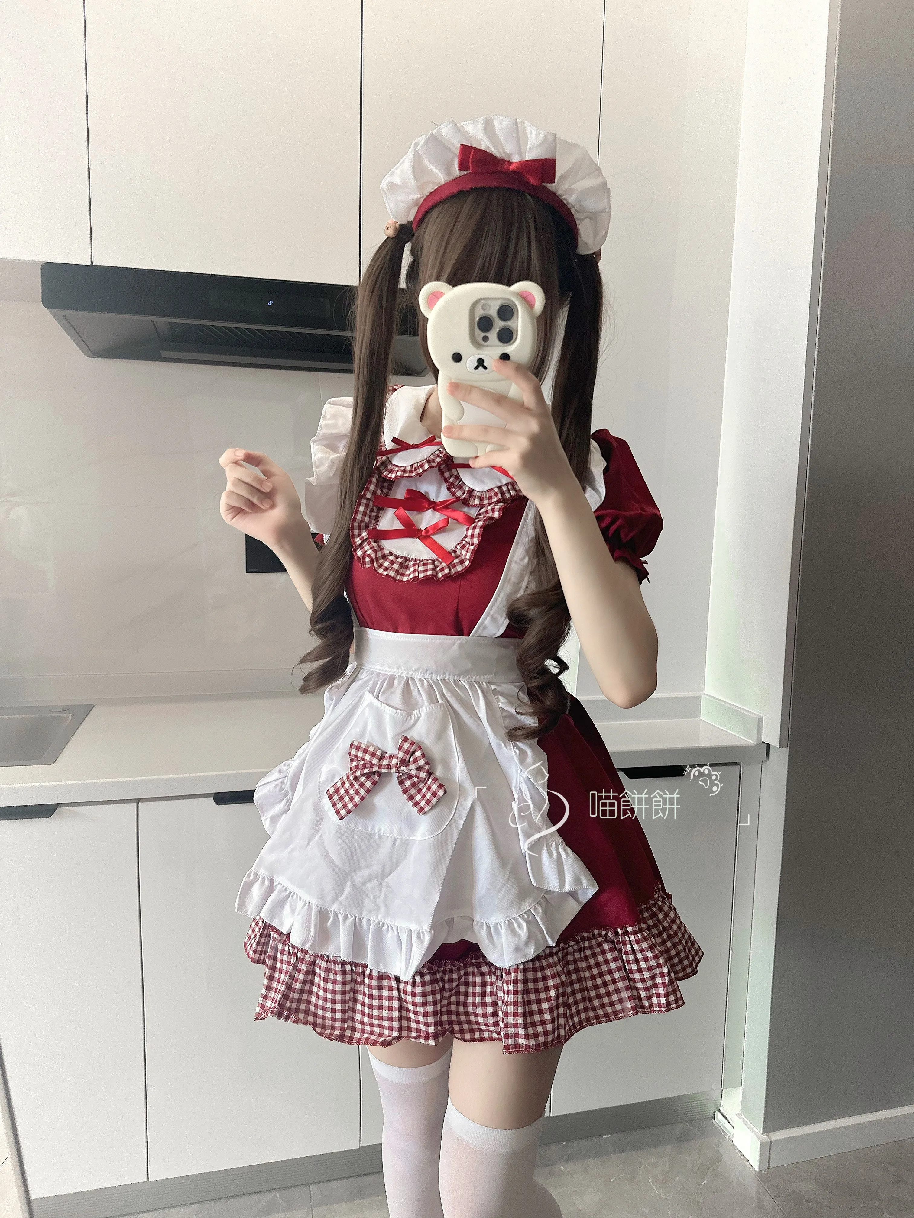 L-5XL Large Size Lolita Christmas Sweet Maid Cute Red Grid