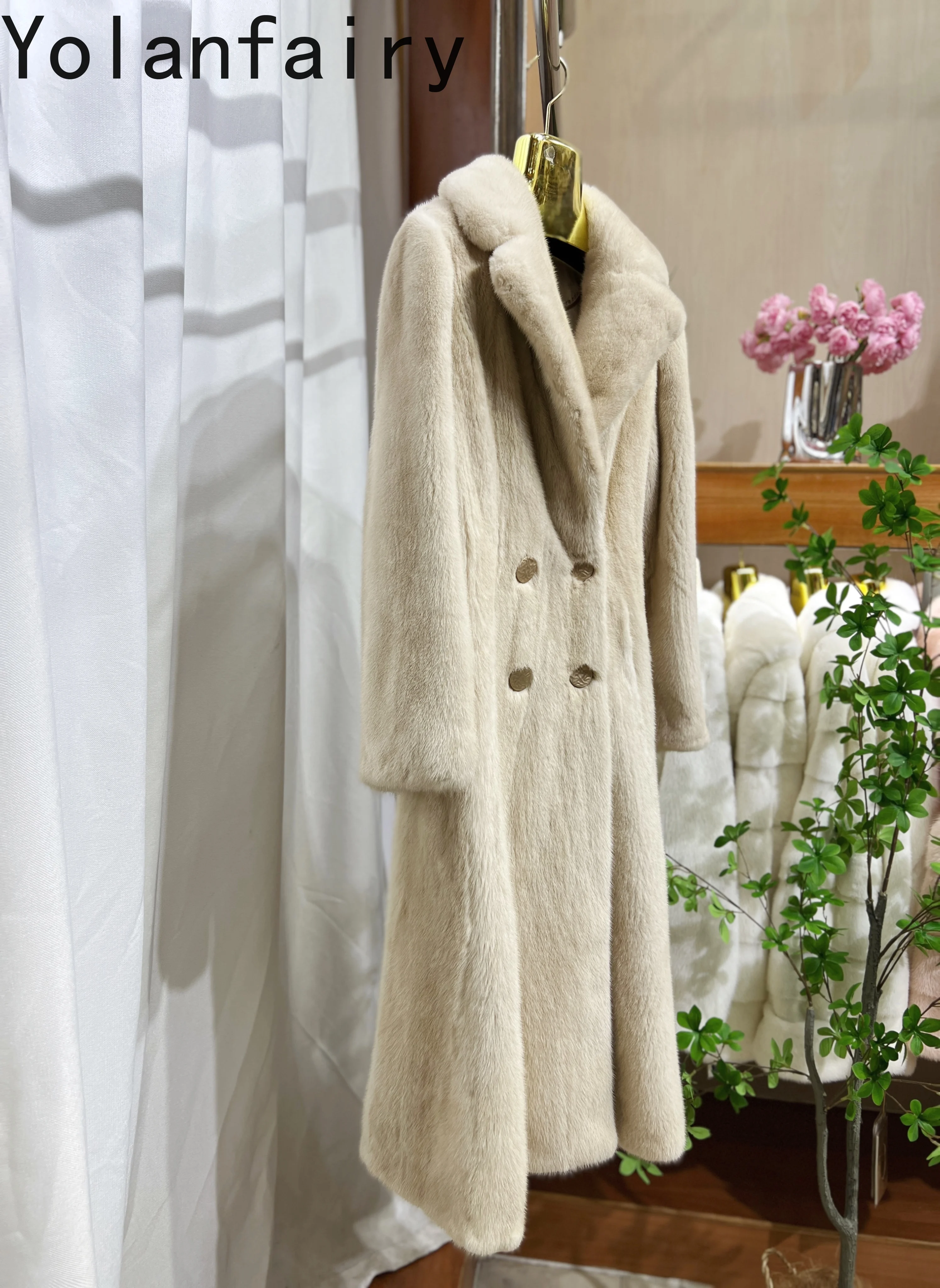 YOLANFAIRY 高級天然毛皮コート 女性用 冬 本物のミンクファーコート 女性用 韓国ファッション ベージュカラー ロングファージャケット アブリゴス