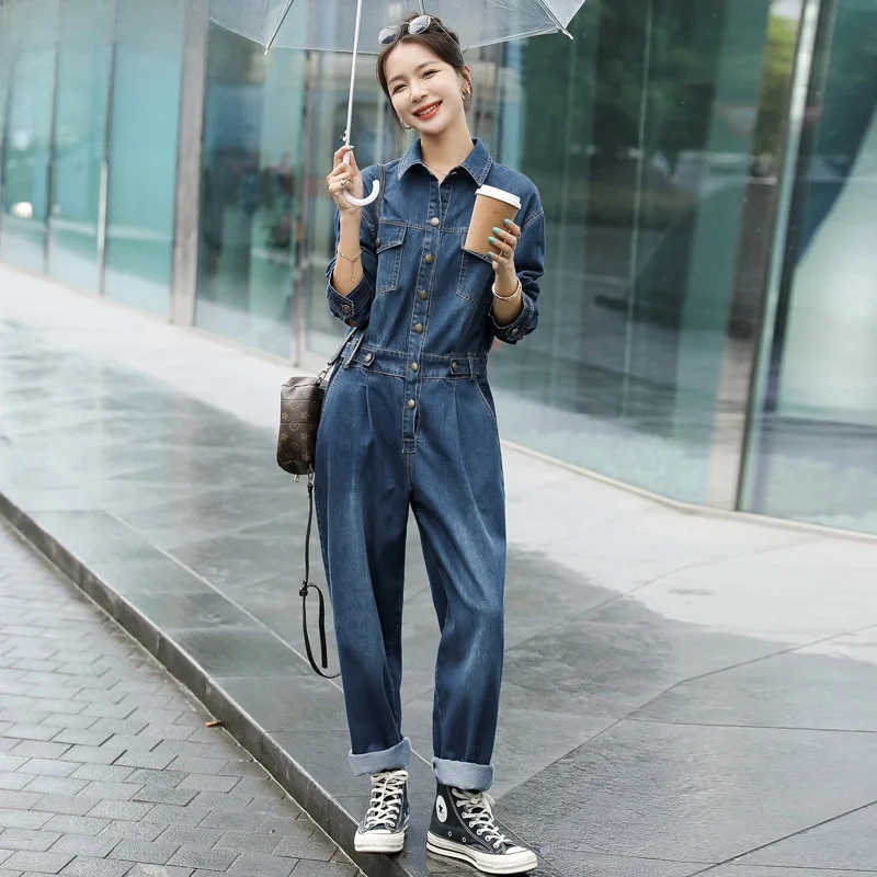 

Стильные женские джинсы-комбинезоны в гонконгском стиле, свободные, прямые, рабочие, весенняя новинка, с высокой талией, для повседневной носки, с эффектом омоложения