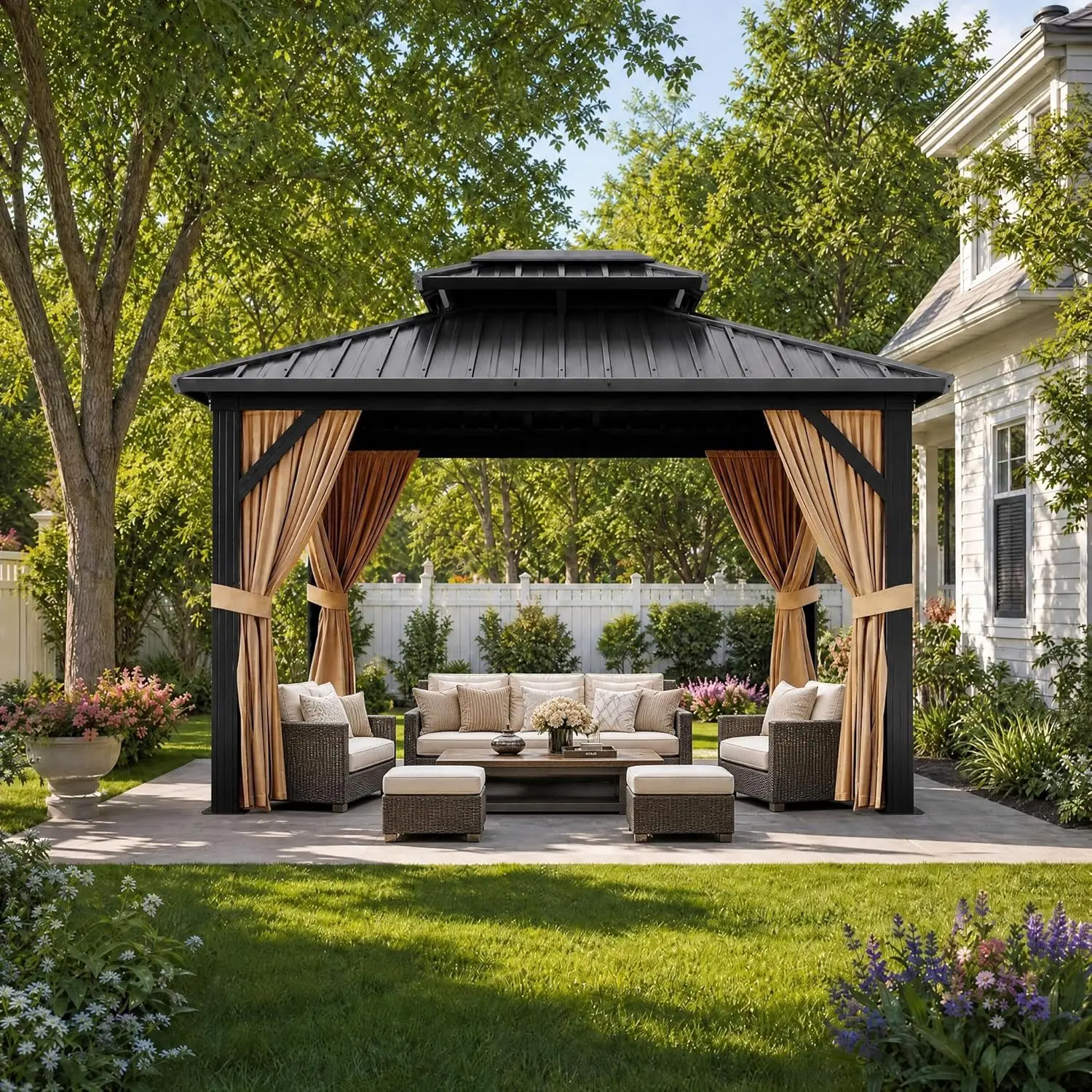 

10x10 FT Hardtop Gazebo with Double Galvanized Steel Roof, Heavy-Duty Aluminum & Iron Frame, Mosquito Netting and, Custom