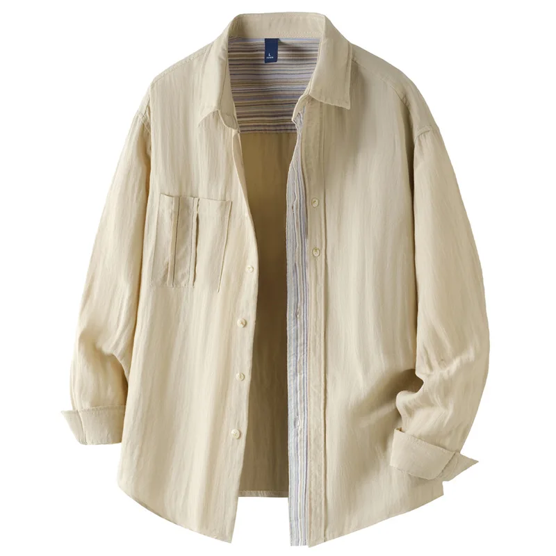 

Корейская модная мужская рубашка с длинным рукавом, весенне-летняя, абрикосовая, мягкая, с пэчворком, дизайнерская, молодежная, повседневная одежда