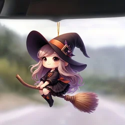 Cute Witch On The Broomstick Acrylic Decorative Pendant Car Accessories, 2D Flat Pendant Decoration Halloween Christmas Pendants