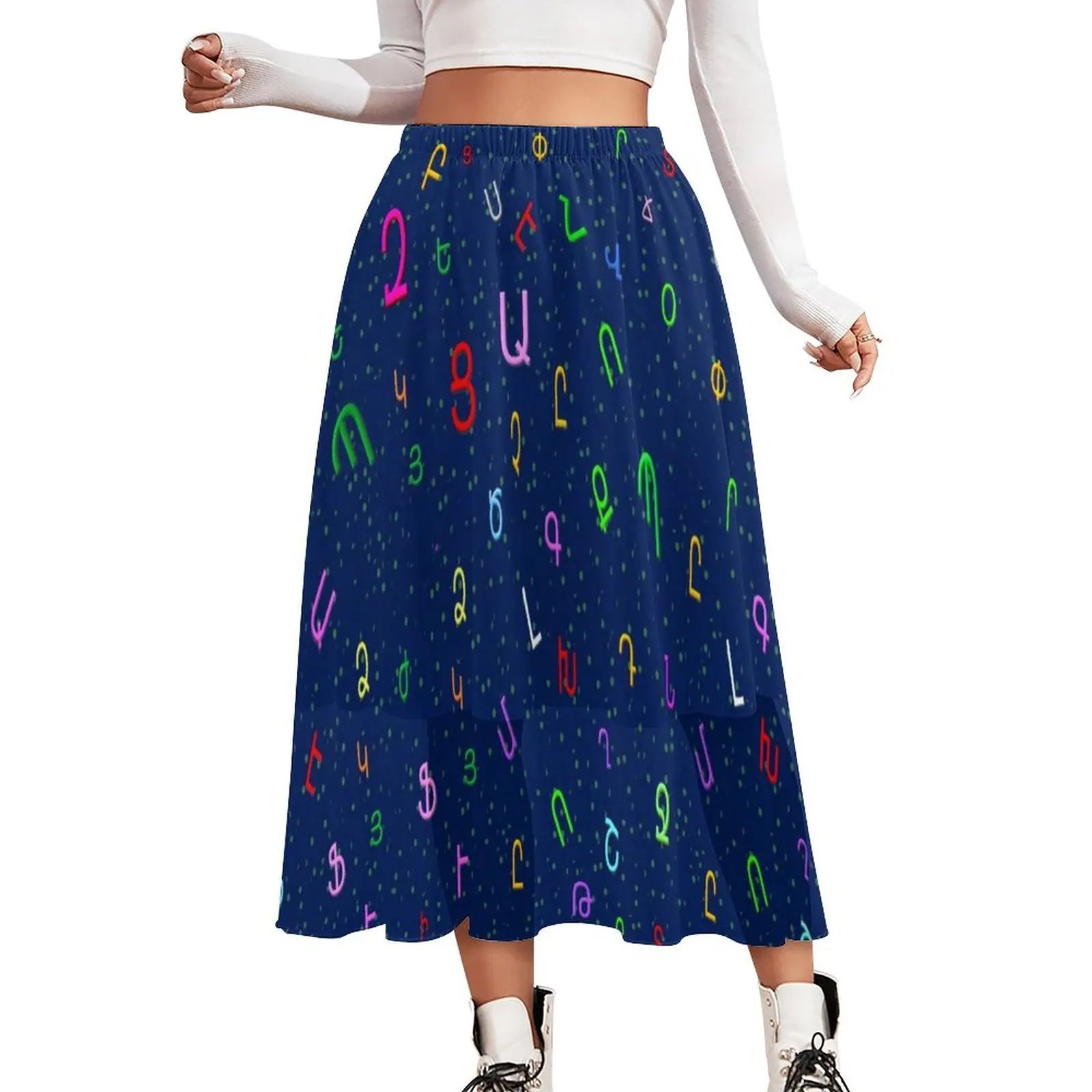 

Colorful Letter Skirt Armenian Alphabet Cute Boho Skirts Summer Street Wear Elastic Waist Chiffon Graphic Oversized Casual Skirt