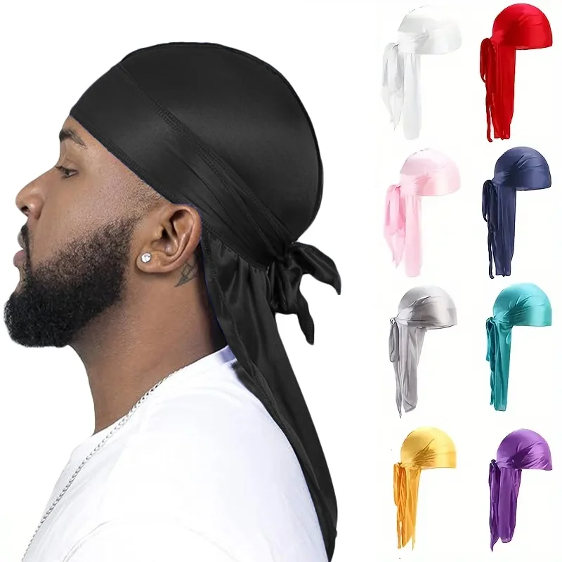 New Men's Long Silky Satin Breathable Turban Hat Wigs Doo Durag Biker Headwrap Chemo Cap Pirate Hat Men Hair Accessories