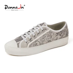 Donna-in Women Flat Sneakers Fashion Embroidery Cotton Designer Trainers Top Quality Lace Up Round Toe Female Shoes Handmade