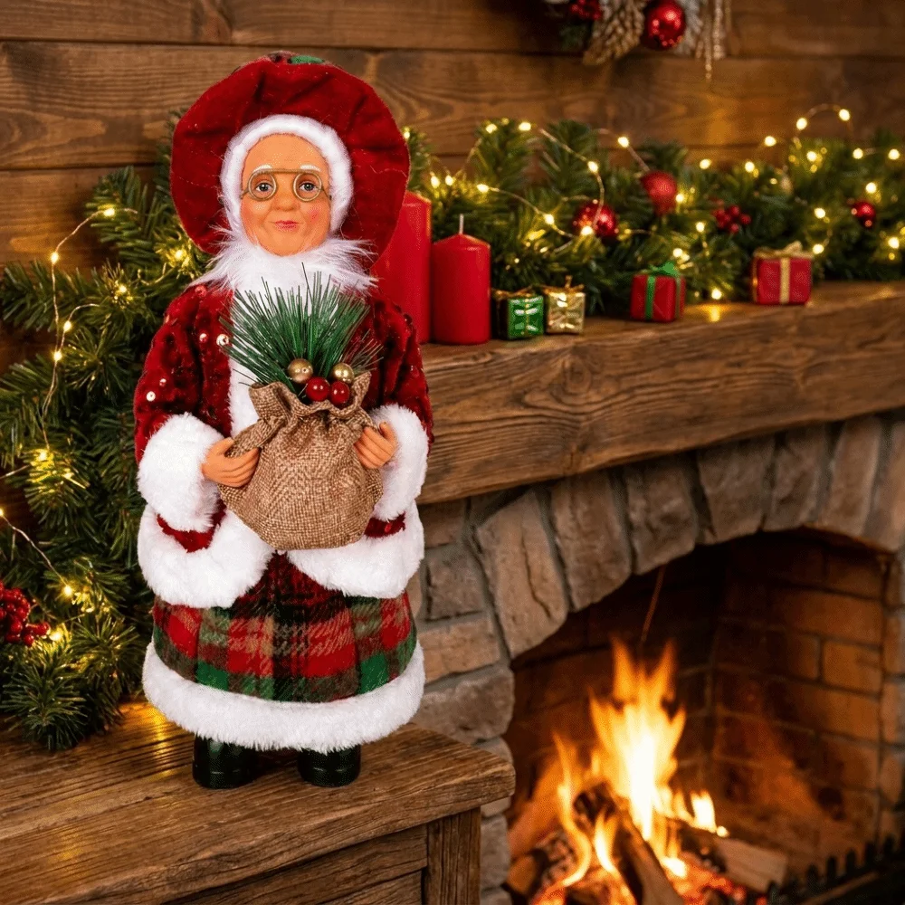 Standing & Sitting Mrs. Claus Christmas Statue Pine Berry Red Plaid Sequin Xmas Figurine Faux Wool Felt Ornament Mantel