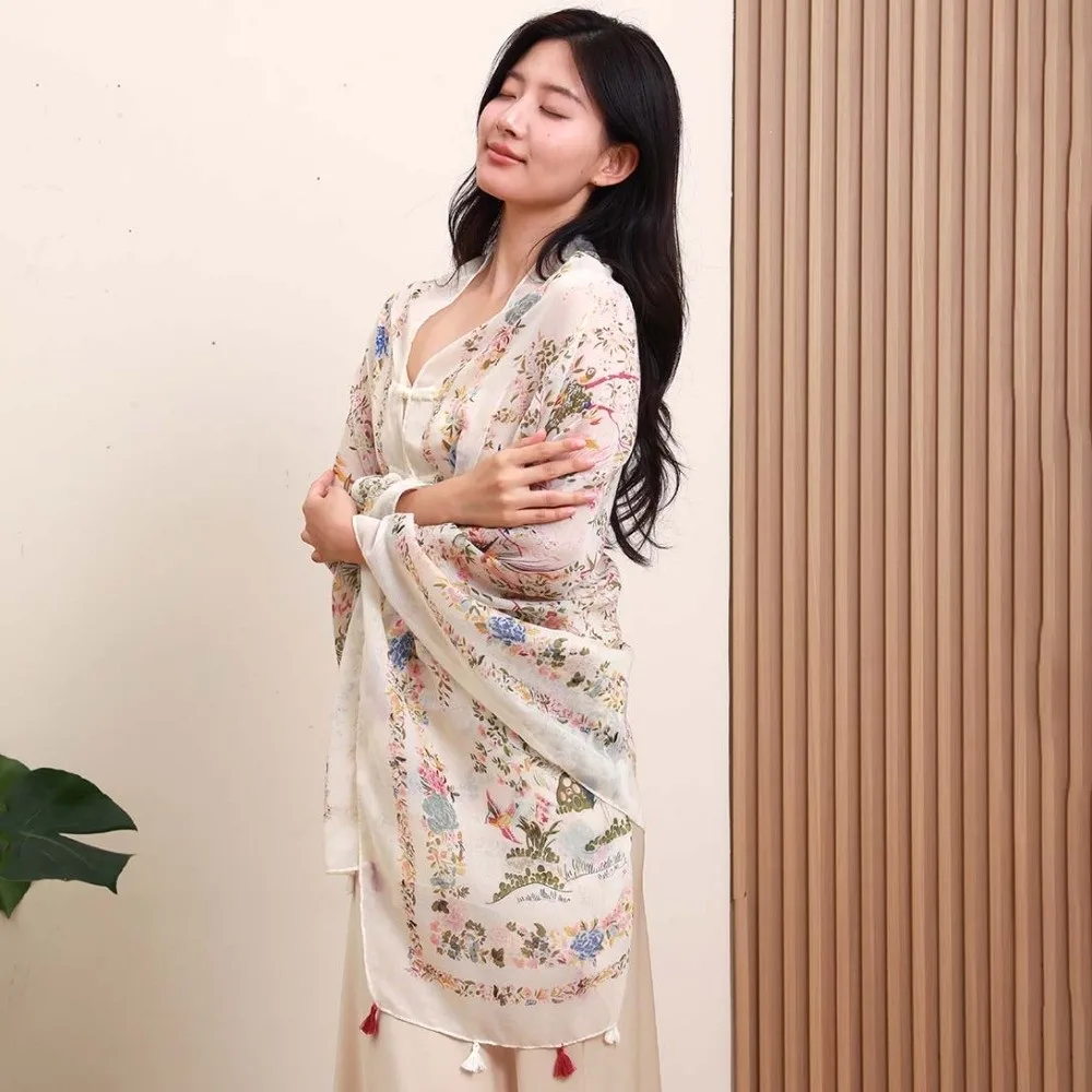 

Fashion Breathable Women Floral Scarf Frog Button Tie-dye Thin Large Shawl Polyester Long Sunscreen Headscarf Neck Decoration