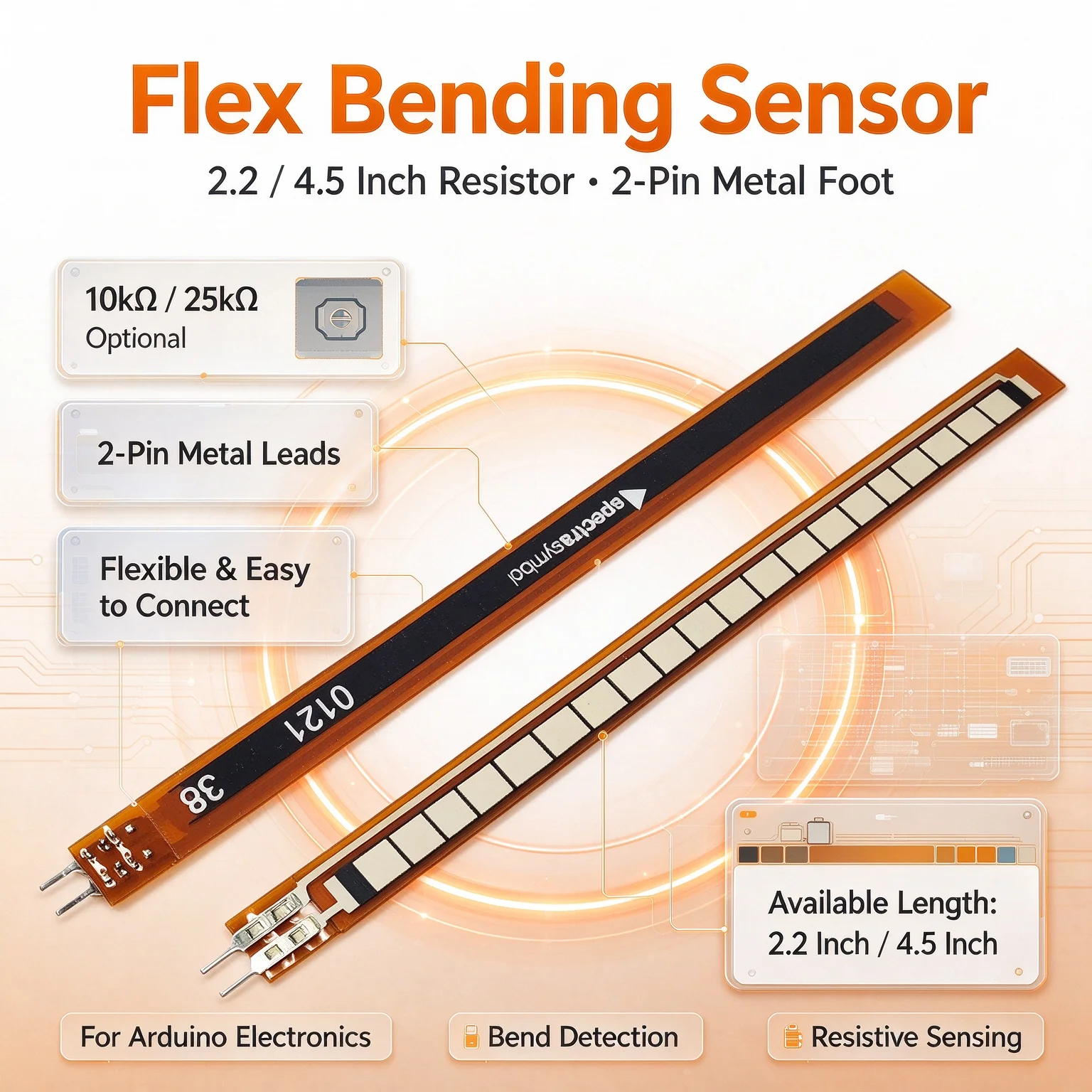 Flex Bending Sensor 2.2/4.5 Inch Resistor with 2-Pin Metal Foot 25/10kΩ for Arduino Electronics Flexible Sensor