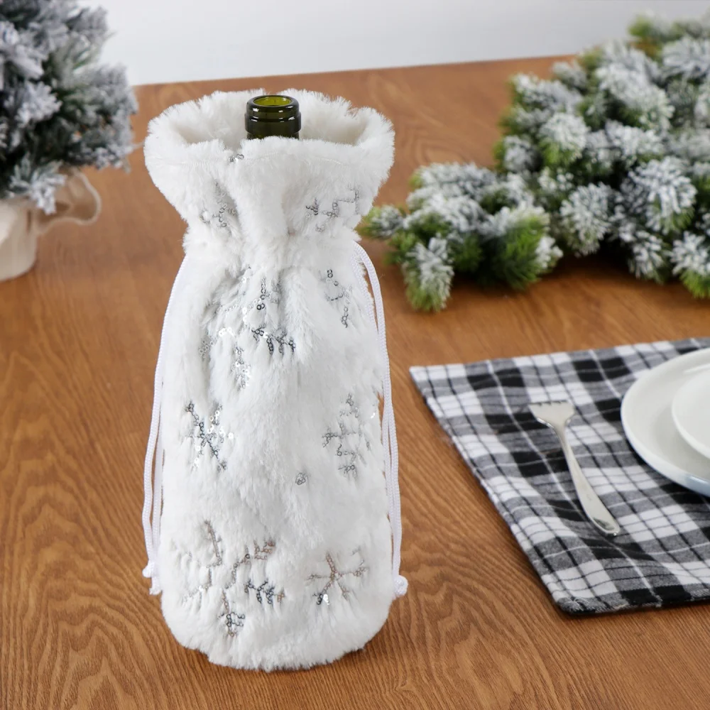 Christmas Wine Bottle Cover White Plush Snowflake Sequin Party Festival Table Decorations White Plush Wine Bag