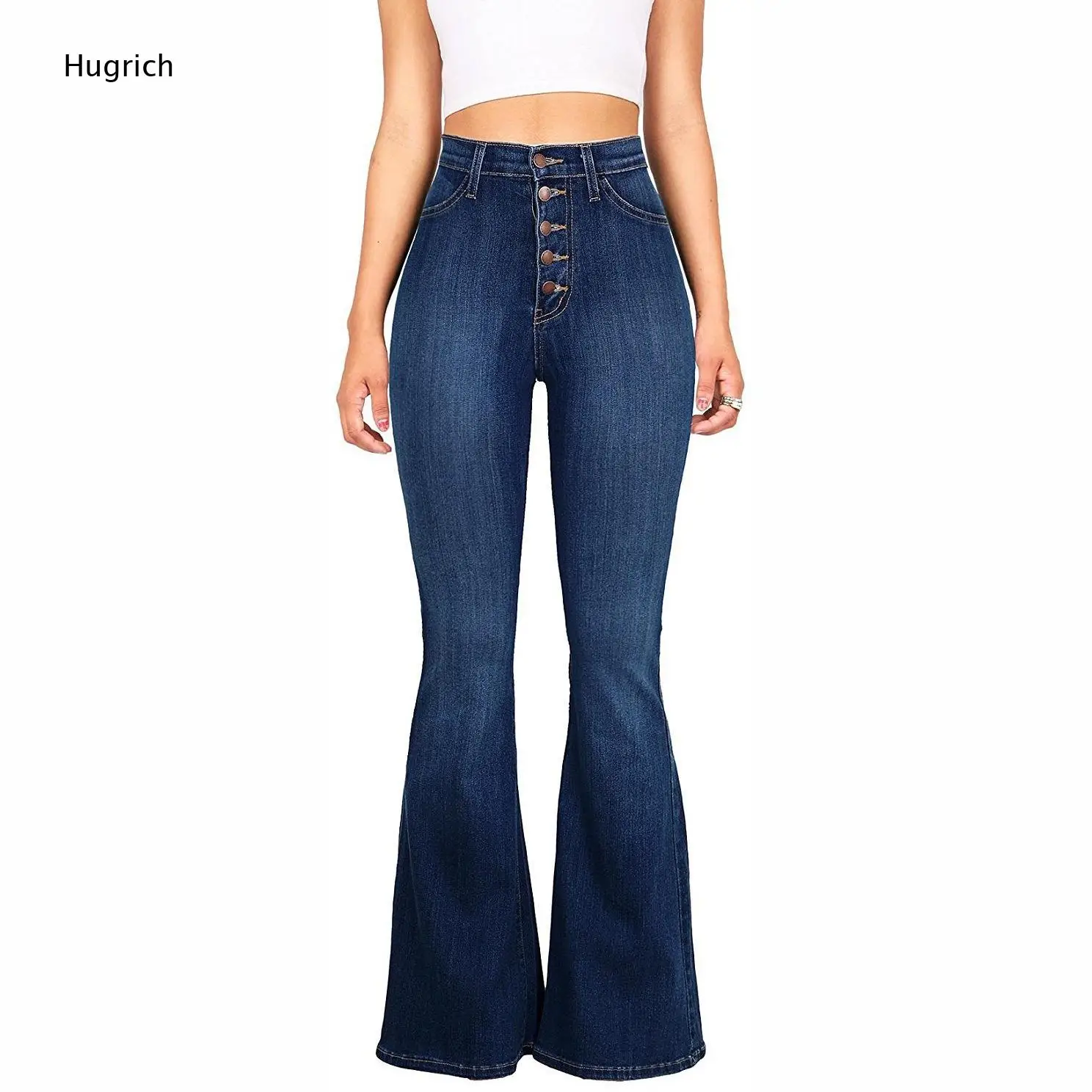 Stretch High Waist Flared Denim Pants Women Multi Button Front Slim Fit Hips Classic Full Length Bell Bottom Casual Outfit Jeans