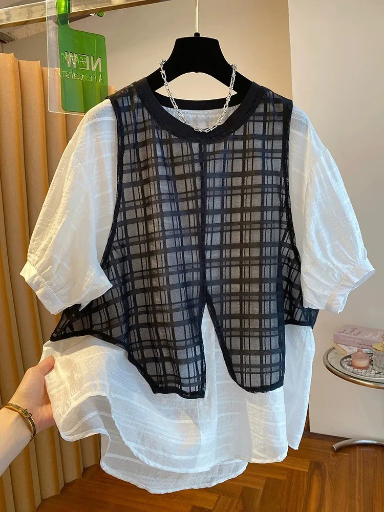 

Faionable Me Vest ort Sve irt Women's Summer Loose Bubble Sve Top Cotton Polyester Blend round Ne Button Closure