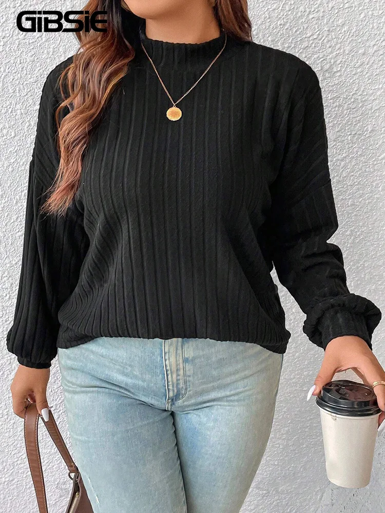 GIBSIE Plus Size Autumn and Winter Fashion Mock Neck Long Sleeved T Shirt Women Casual Solid Rib-knit Female Tops Tees 2024 New