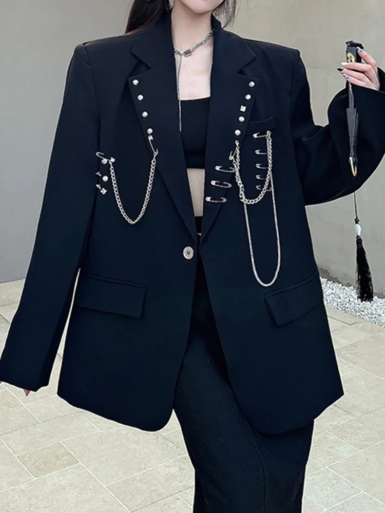 Chain Outerwears Suit Collar Long Sleeve Ropa Mujer Spring Jacket Women Loose Abrigos Invierno Street Single Button Jackets