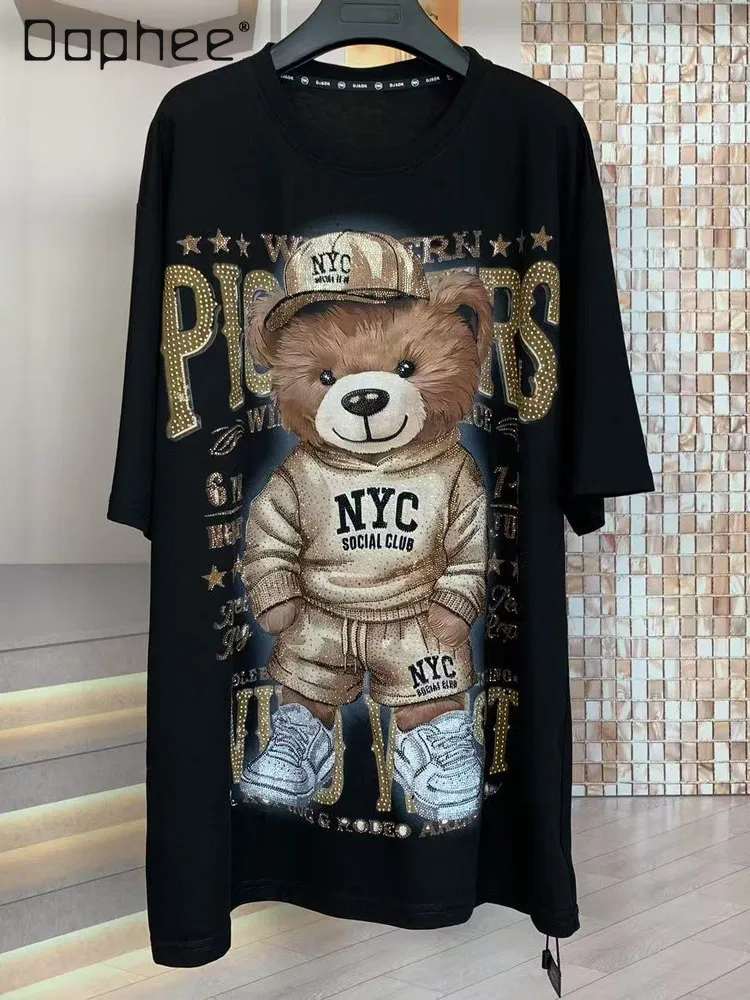 

2025 Summer Loose Cartoon T-Shirt for Women with Hat Bear Mid-Length Oversized Short Sleeve T-Shirt Top Kawaii Clothes