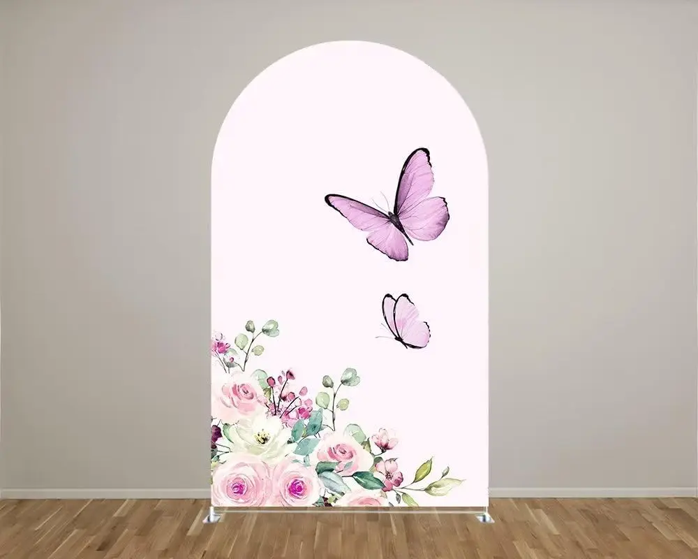 Spring Butterfly Flowers Arch Backdrop Stretchy Fabric Cover for Girl Pink Party Birthday Party Favors Baby Shower Background