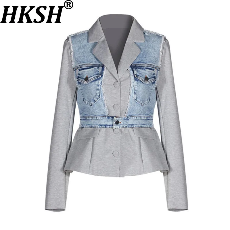 HKSH Spring Autumn New Women's Blazer Denim Patchwork Color Block Single Breasted Waist Cinching Elegant High-End Jacket HK17199