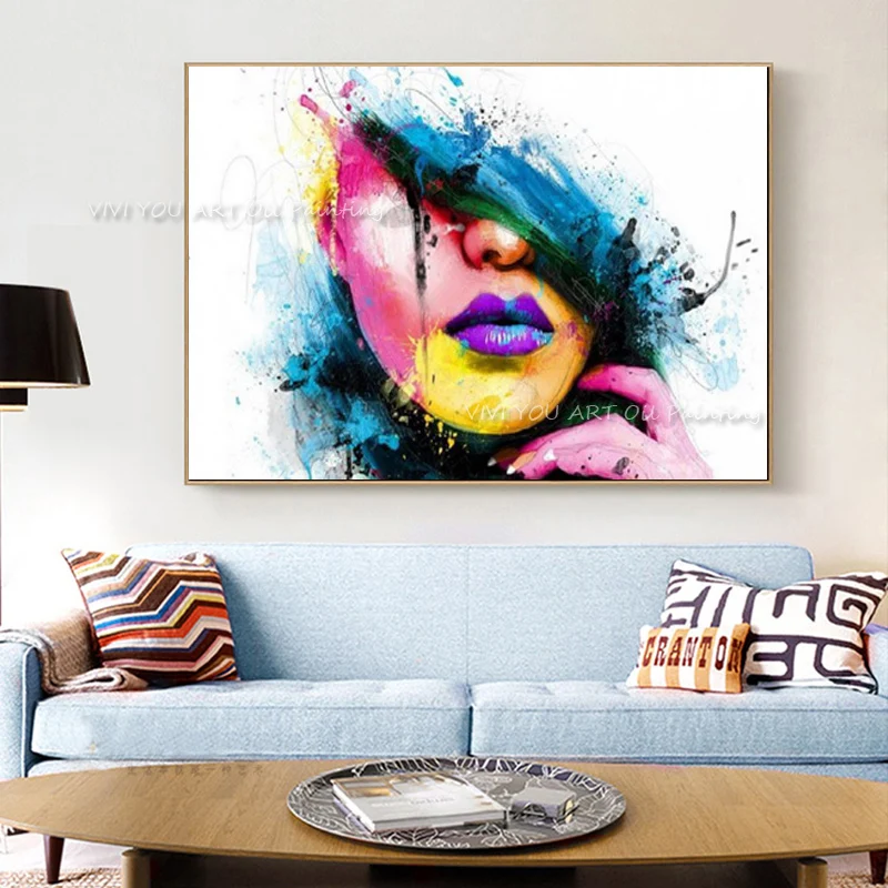 Abstract Colorful Woman Face Oil Painting Hand Painted Canvas Modern Pop Art Wall Decor For Living Room Bedroom Original Artwork