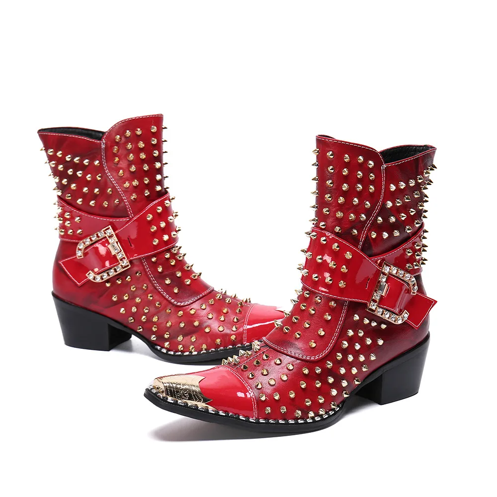 Genuine Leather British Style Punk Rivet Knight Boots Top-grain Leather Men Metal Pointed Toe Thick Heel Motorcycle Ankle Boots