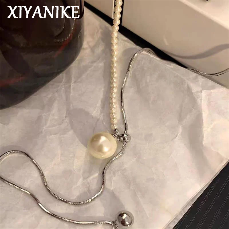 

XIYANIKE Pearl Pulling Snake Bone Chain Long Sweater Necklace For Women Fashion New Jewelry Valentine Day Gift collier femme