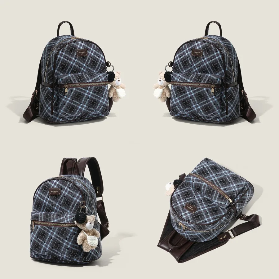 

【Новый стиль】Новинка 2026 года: зимний рюкзак в синюю клетку со звездами, модный рюкзак в стиле преппи, школьный ранец.