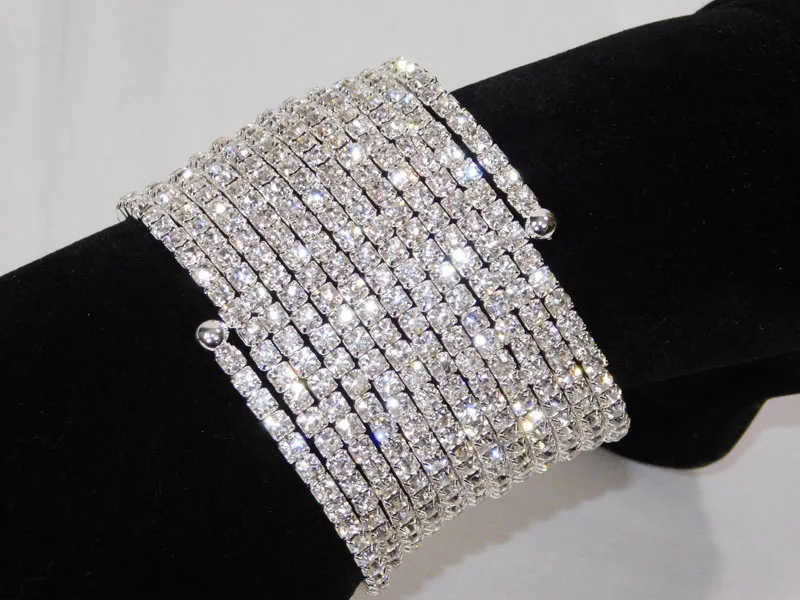 12 Rows Rhinestone Bangle Bracelet Silver Plated and Gold Color Spiral Upper Arm Bracelet Bridal Wedding Jewelry for Women