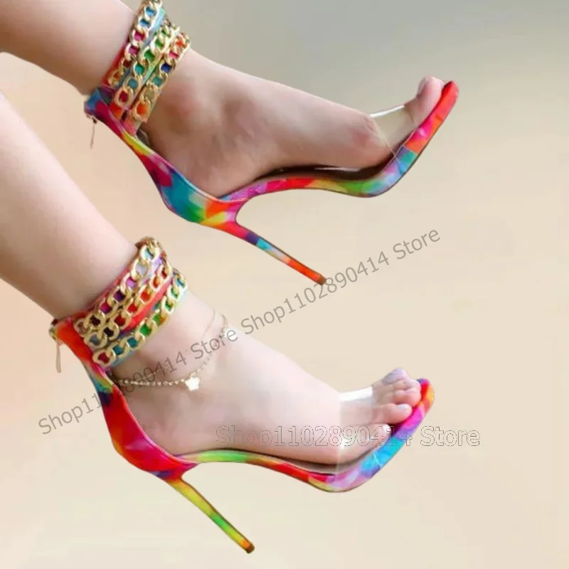 

Rainbow Color Gold Chain Decor PVC Open Toe Sandals Back Zipper Women Shoes Thin High Heels New Fashion 2025 Zapatos Para Mujere