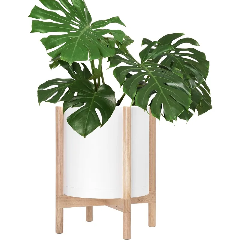 

14 Inch Plastic Cylinder Flower Pot with Wood Planter Holder for Indoor,