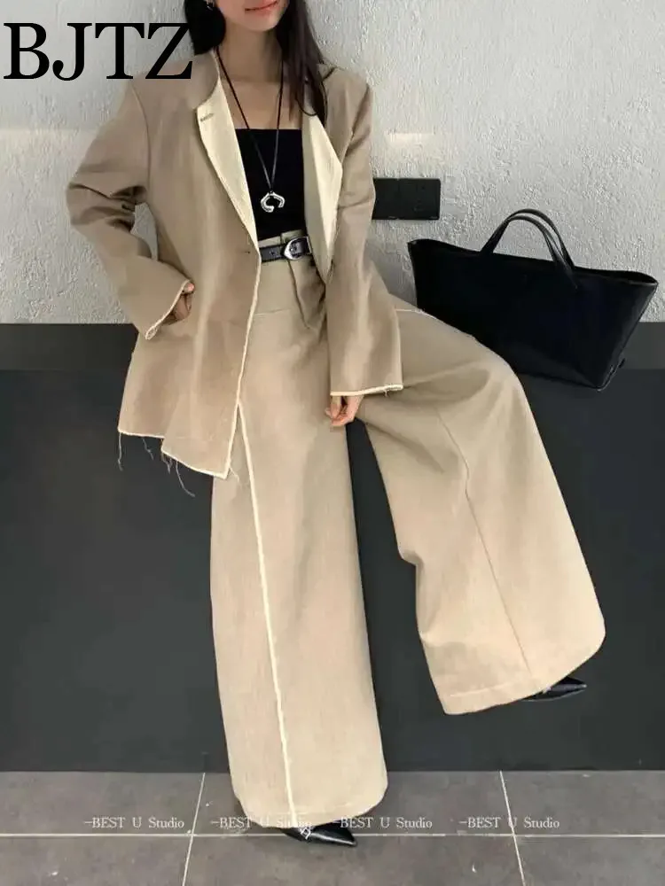 

BJTZ Two Piece Set Contrast Color Long Sleeve Jacket+wide Leg Loose Straight Blazer Pant Sets For Women 2025 Spring Autumn New